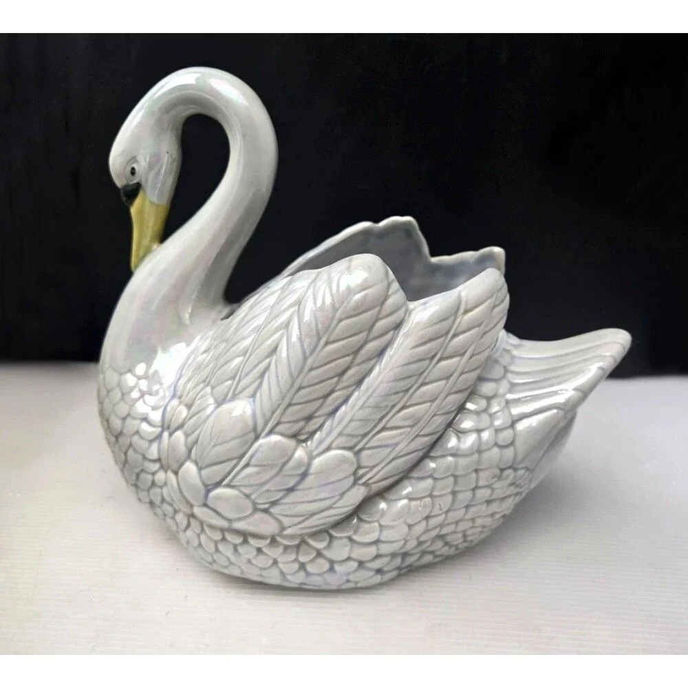 Vintage Holland Mold Swan Planter Pearlized Iridescent Luster Ceramic 11” 1974